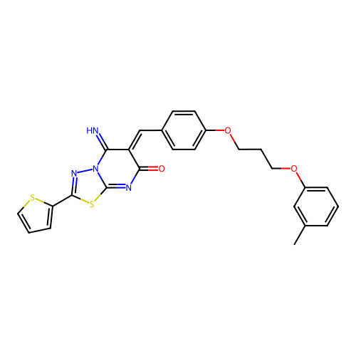 (6Z)-5-imino-6-[[4-[3-(3-methylphenoxy)propoxy]phenyl]methylidene]-2-thiophen-2-yl-[1,3,4]thiadiazolo[3,2-a]pyrimidin-7-one structure