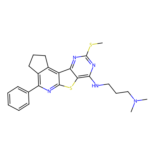 N,N-dimethyl-N'-[9-(methylsulfanyl)-4-phenyl-2,3-dihydro-1H-cyclopenta[4',5']pyrido[3',2':4,5]thieno[3,2-d]pyrimidin-7-yl]propane-1,3-diamine structure