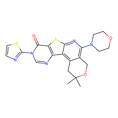 2,2-dimethyl-5-(morpholin-4-yl)-9-(1,3-thiazol-2-yl)-1,4-dihydro-2H-pyrano[4'',3'':4',5']pyrido[3',2':4,5]thieno[3,2-d]pyrimidin-8(9H)-one structure