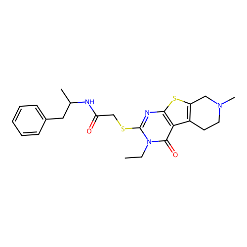 2-((3-ethyl-7-methyl-4-oxo-3,4,5,6,7,8-hexahydropyrido[4',3':4,5]thieno[2,3-d]pyrimidin-2-yl)thio)-N-(1-phenylpropan-2-yl)acetamide structure