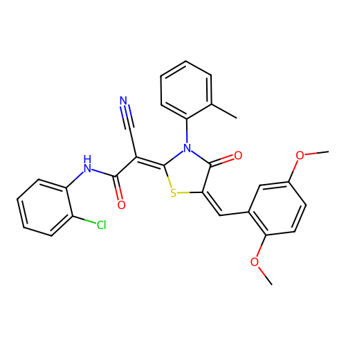 (2Z)-N-(2-chlorophenyl)-2-cyano-2-[(5E)-5-(2,5-dimethoxybenzylidene)-3-(2-methylphenyl)-4-oxo-1,3-thiazolidin-2-ylidene]ethanamide structure
