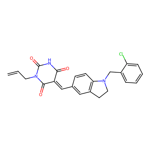 (5E)-5-[[1-[(2-chlorophenyl)methyl]-2,3-dihydroindol-5-yl]methylidene]-1-prop-2-enyl-1,3-diazinane-2,4,6-trione structure