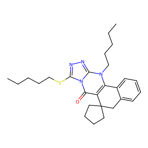 12-pentyl-9-(pentylsulfanyl)-5H-spiro[benzo[h][1,2,4]triazolo[3,4-b]quinazoline-6,1'-cyclopentan]-7(12H)-one structure