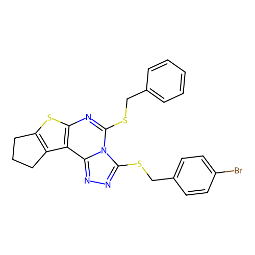 5-(benzylsulfanyl)-3-[(4-bromobenzyl)sulfanyl]-9,10-dihydro-8H-cyclopenta[4,5]thieno[3,2-e][1,2,4]triazolo[4,3-c]pyrimidine structure