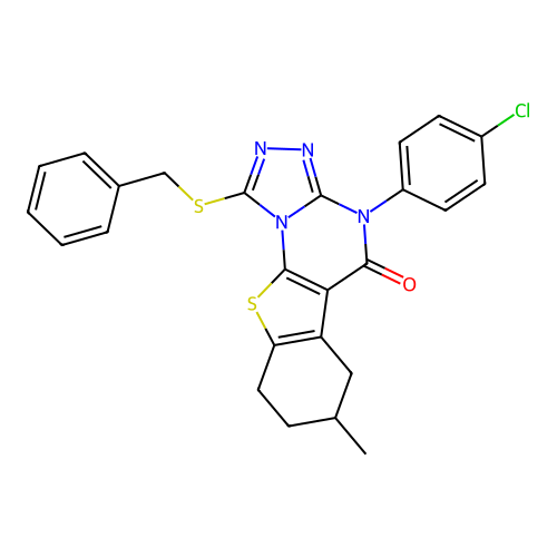 1-(benzylsulfanyl)-4-(4-chlorophenyl)-7-methyl-6,7,8,9-tetrahydro[1]benzothieno[3,2-e][1,2,4]triazolo[4,3-a]pyrimidin-5(4H)-one structure