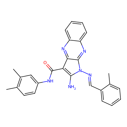 (E)-2-amino-N-(3,4-dimethylphenyl)-1-((2-methylbenzylidene)amino)-1H-pyrrolo[2,3-b]quinoxaline-3-carboxamide structure