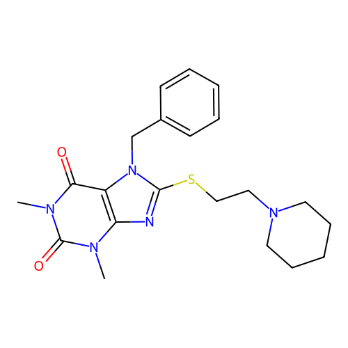 7-benzyl-1,3-dimethyl-8-((2-(piperidin-1-yl)ethyl)thio)-1H-purine-2,6(3H,7H)-dione structure