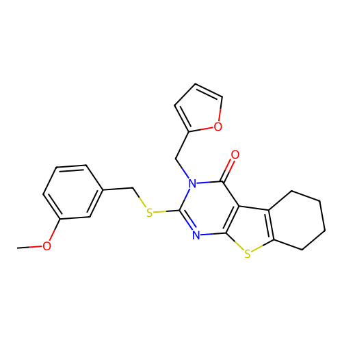 3-(furan-2-ylmethyl)-2-[(3-methoxybenzyl)sulfanyl]-5,6,7,8-tetrahydro[1]benzothieno[2,3-d]pyrimidin-4(3H)-one structure