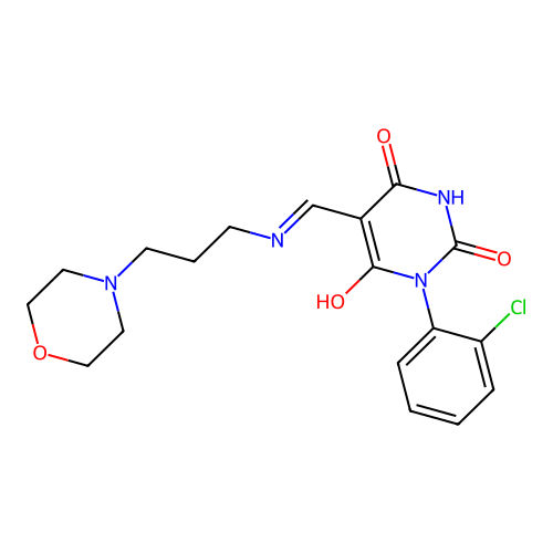 1-(2-chlorophenyl)-5-[(3-morpholin-4-ylpropylamino)methylidene]-1,3-diazinane-2,4,6-trione structure