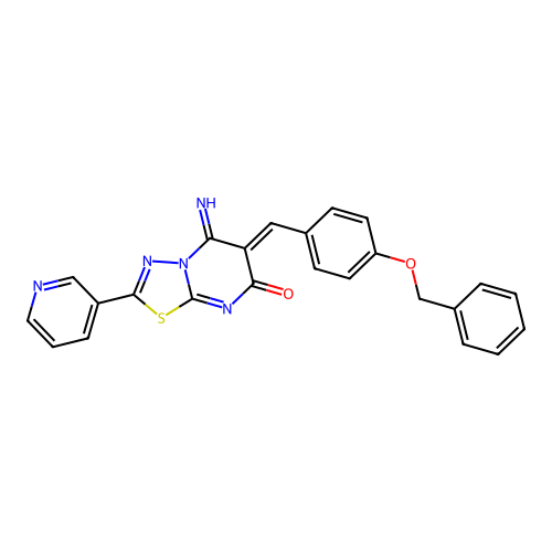 (6Z)-5-imino-6-[(4-phenylmethoxyphenyl)methylidene]-2-pyridin-3-yl-[1,3,4]thiadiazolo[3,2-a]pyrimidin-7-one structure