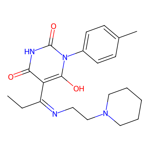 (5E)-1-(4-methylphenyl)-5-[1-(2-piperidin-1-ylethylamino)propylidene]-1,3-diazinane-2,4,6-trione structure