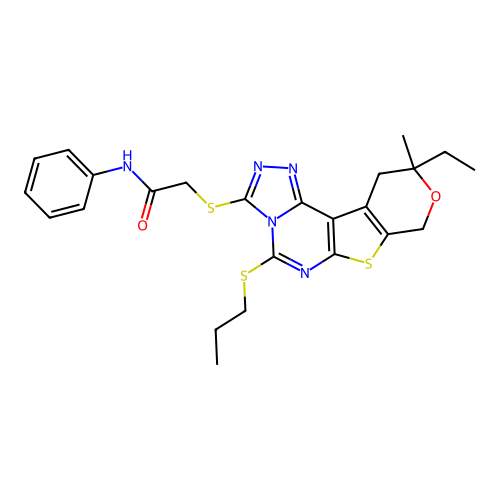 2-((10-ethyl-10-methyl-5-(propylthio)-10,11-dihydro-8H-pyrano[4',3':4,5]thieno[3,2-e][1,2,4]triazolo[4,3-c]pyrimidin-3-yl)thio)-N-phenylacetamide structure