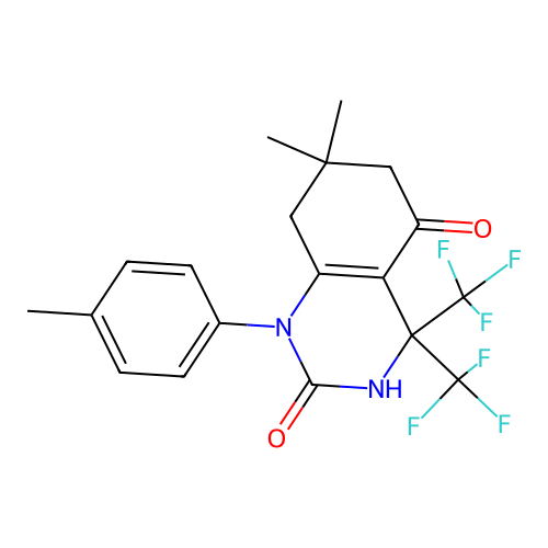 2-hydroxy-7,7-dimethyl-1-(4-methylphenyl)-4,4-bis(trifluoromethyl)-4,6,7,8-tetrahydroquinazolin-5(1H)-one structure