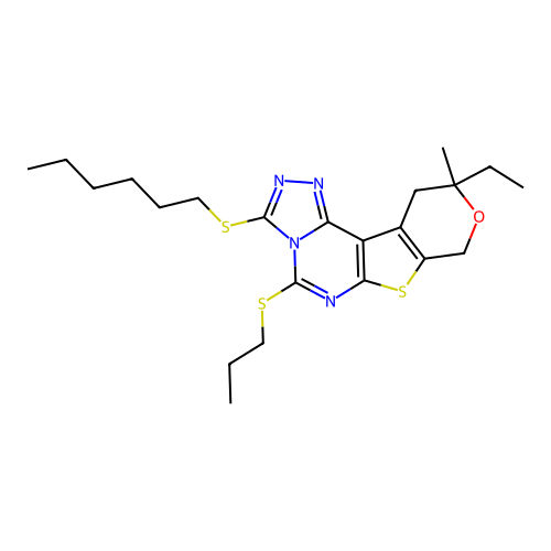 10-ethyl-3-(hexylsulfanyl)-10-methyl-5-(propylsulfanyl)-10,11-dihydro-8H-pyrano[4',3':4,5]thieno[3,2-e][1,2,4]triazolo[4,3-c]pyrimidine structure