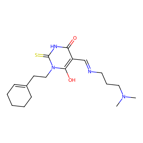 (E)-1-(2-(cyclohex-1-en-1-yl)ethyl)-5-(((3-(dimethylamino)propyl)amino)methylene)-2-thioxodihydropyrimidine-4,6(1H,5H)-dione structure