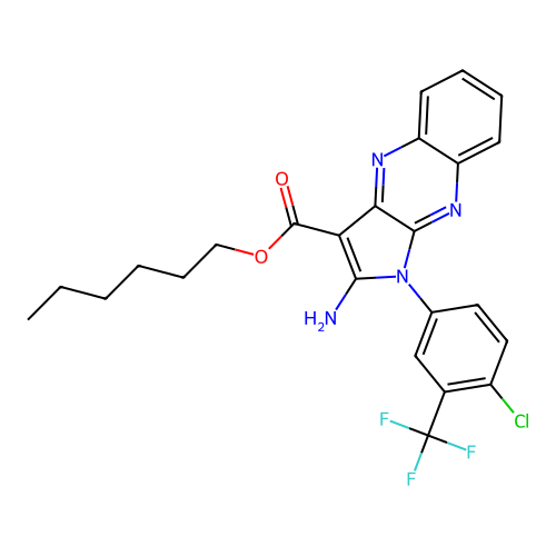 hexyl 2-amino-1-[4-chloro-3-(trifluoromethyl)phenyl]pyrrolo[3,2-b]quinoxaline-3-carboxylate structure