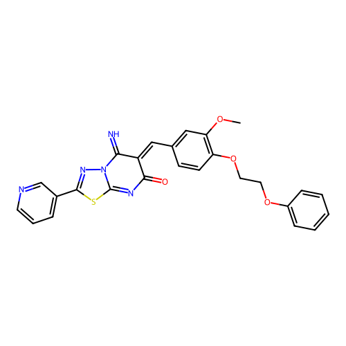 (6Z)-5-imino-6-[[3-methoxy-4-(2-phenoxyethoxy)phenyl]methylidene]-2-pyridin-3-yl-[1,3,4]thiadiazolo[3,2-a]pyrimidin-7-one structure