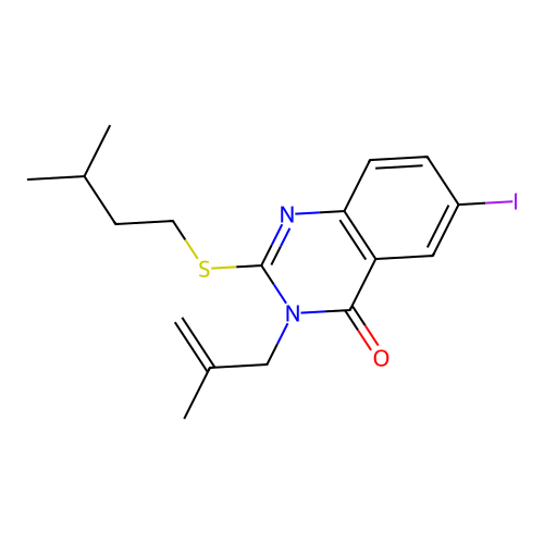6-iodo-2-(3-methylbutylsulfanyl)-3-(2-methylprop-2-enyl)quinazolin-4-one structure