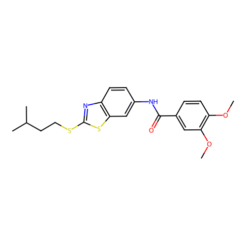 3,4-dimethoxy-N-{2-[(3-methylbutyl)sulfanyl]-1,3-benzothiazol-6-yl}benzamide structure