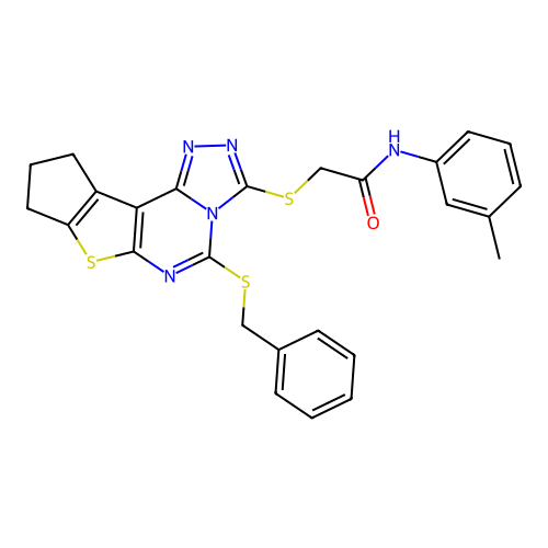 2-((5-(benzylthio)-9,10-dihydro-8H-cyclopenta[4,5]thieno[3,2-e][1,2,4]triazolo[4,3-c]pyrimidin-3-yl)thio)-N-(m-tolyl)acetamide structure