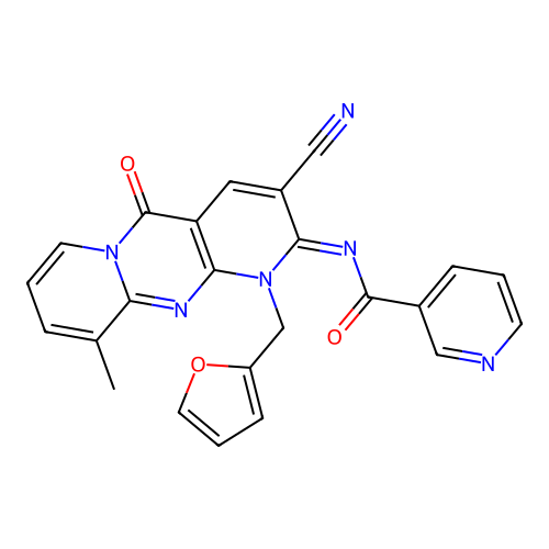 (E)-N-(3-cyano-1-(furan-2-ylmethyl)-10-methyl-5-oxo-1H-dipyrido[1,2-a:2',3'-d]pyrimidin-2(5H)-ylidene)nicotinamide structure