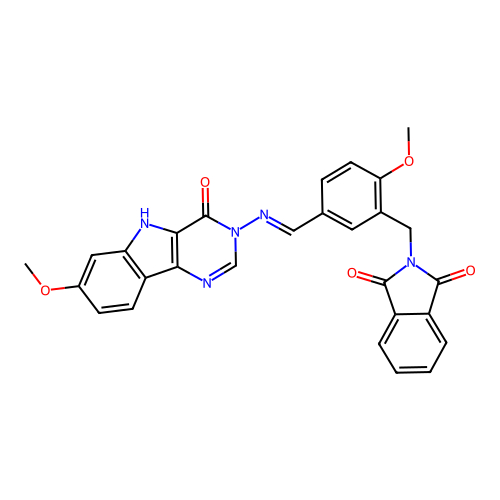 (E)-2-(2-methoxy-5-(((7-methoxy-4-oxo-4,5-dihydro-3H-pyrimido[5,4-b]indol-3-yl)imino)methyl)benzyl)isoindoline-1,3-dione structure