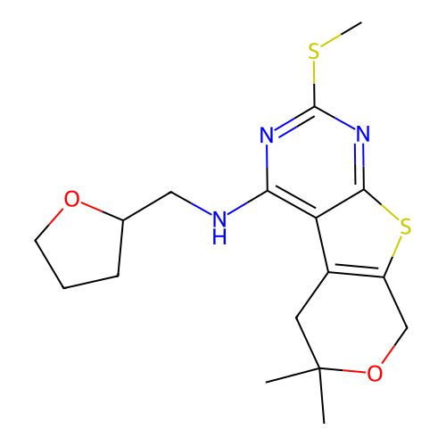6,6-dimethyl-2-(methylsulfanyl)-N-(tetrahydrofuran-2-ylmethyl)-5,8-dihydro-6H-pyrano[4',3':4,5]thieno[2,3-d]pyrimidin-4-amine structure