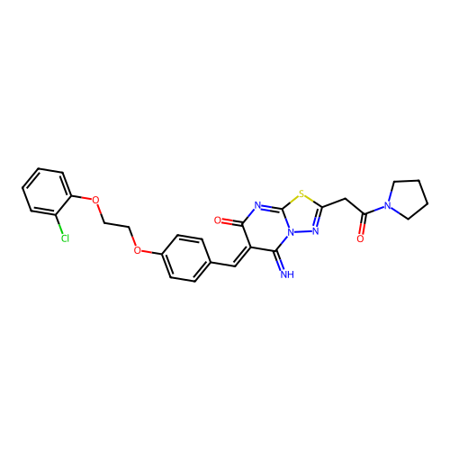 (6Z)-6-[[4-[2-(2-chlorophenoxy)ethoxy]phenyl]methylidene]-5-imino-2-(2-oxo-2-pyrrolidin-1-ylethyl)-[1,3,4]thiadiazolo[3,2-a]pyrimidin-7-one structure
