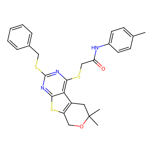 2-((2-(benzylthio)-6,6-dimethyl-6,8-dihydro-5H-pyrano[4',3':4,5]thieno[2,3-d]pyrimidin-4-yl)thio)-N-(p-tolyl)acetamide structure