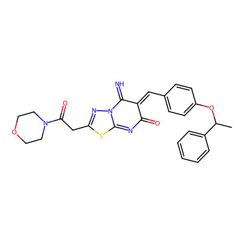 (6Z)-5-imino-2-(2-morpholin-4-yl-2-oxoethyl)-6-[[4-(1-phenylethoxy)phenyl]methylidene]-[1,3,4]thiadiazolo[3,2-a]pyrimidin-7-one structure