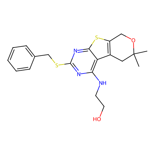 2-((2-(benzylthio)-6,6-dimethyl-6,8-dihydro-5H-pyrano[4',3':4,5]thieno[2,3-d]pyrimidin-4-yl)amino)ethanol structure
