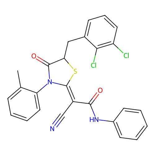 (2Z)-2-cyano-2-[5-(2,3-dichlorobenzyl)-3-(2-methylphenyl)-4-oxo-1,3-thiazolidin-2-ylidene]-N-phenylethanamide structure
