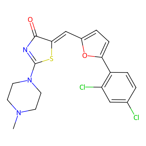 (5Z)-5-[[5-(2,4-dichlorophenyl)furan-2-yl]methylidene]-2-(4-methylpiperazin-1-yl)-1,3-thiazol-4-one structure