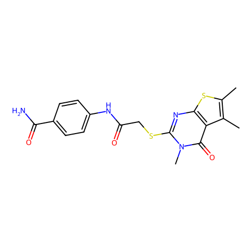 4-({[(3,5,6-trimethyl-4-oxo-3,4-dihydrothieno[2,3-d]pyrimidin-2-yl)sulfanyl]acetyl}amino)benzamide structure