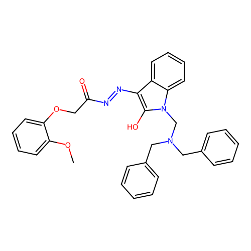 (Z)-N'-(1-((dibenzylamino)methyl)-2-oxoindolin-3-ylidene)-2-(2-methoxyphenoxy)acetohydrazide structure