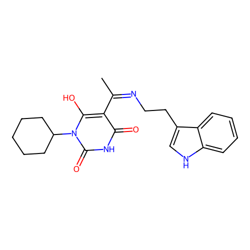 1-cyclohexyl-5-[1-[2-(1H-indol-3-yl)ethylamino]ethylidene]-1,3-diazinane-2,4,6-trione structure