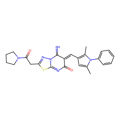 (6Z)-6-[(2,5-dimethyl-1-phenyl-1H-pyrrol-3-yl)methylidene]-5-imino-2-[2-oxo-2-(pyrrolidin-1-yl)ethyl]-5,6-dihydro-7H-[1,3,4]thiadiazolo[3,2-a]pyrimidin-7-one structure