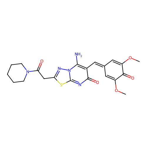 (E)-6-(4-hydroxy-3,5-dimethoxybenzylidene)-5-imino-2-(2-oxo-2-(piperidin-1-yl)ethyl)-5H-[1,3,4]thiadiazolo[3,2-a]pyrimidin-7(6H)-one structure