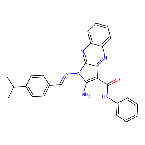 (E)-2-amino-1-((4-isopropylbenzylidene)amino)-N-phenyl-1H-pyrrolo[2,3-b]quinoxaline-3-carboxamide structure