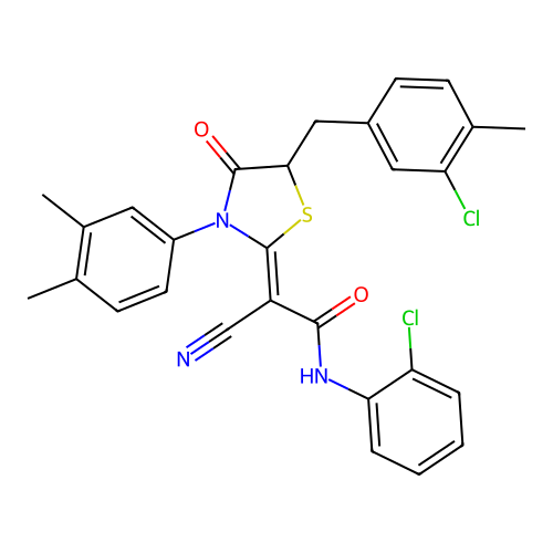 (2Z)-2-[5-(3-chloro-4-methylbenzyl)-3-(3,4-dimethylphenyl)-4-oxo-1,3-thiazolidin-2-ylidene]-N-(2-chlorophenyl)-2-cyanoethanamide structure