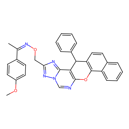 (1Z)-1-(4-methoxyphenyl)-N-[(14-phenyl-14H-benzo[7,8]chromeno[3,2-e][1,2,4]triazolo[1,5-c]pyrimidin-2-yl)methoxy]ethanimine structure