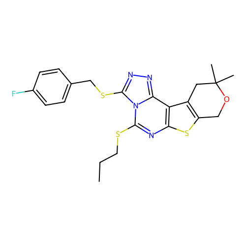 3-((4-fluorobenzyl)thio)-10,10-dimethyl-5-(propylthio)-10,11-dihydro-8H-pyrano[4',3':4,5]thieno[3,2-e][1,2,4]triazolo[4,3-c]pyrimidine structure