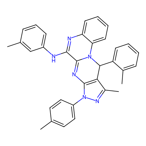 10-methyl-11-(2-methylphenyl)-N-(3-methylphenyl)-8-(4-methylphenyl)-8,11-dihydropyrazolo[3',4':4,5]pyrimido[1,2-a]quinoxalin-6-amine structure