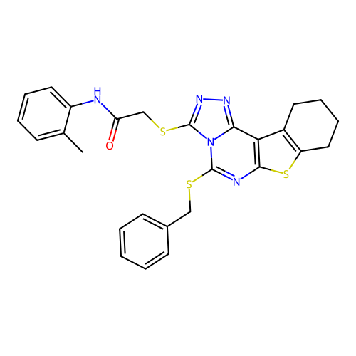 2-((5-(benzylthio)-8,9,10,11-tetrahydrobenzo[4,5]thieno[3,2-e][1,2,4]triazolo[4,3-c]pyrimidin-3-yl)thio)-N-(o-tolyl)acetamide structure