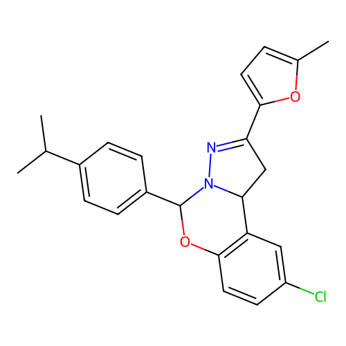2-chloro-9-(5-methyl(2-furyl))-6-[4-(methylethyl)phenyl]-6H,10aH-benzo[e]2-pyr azolino[1,5-c]1,3-oxazine structure