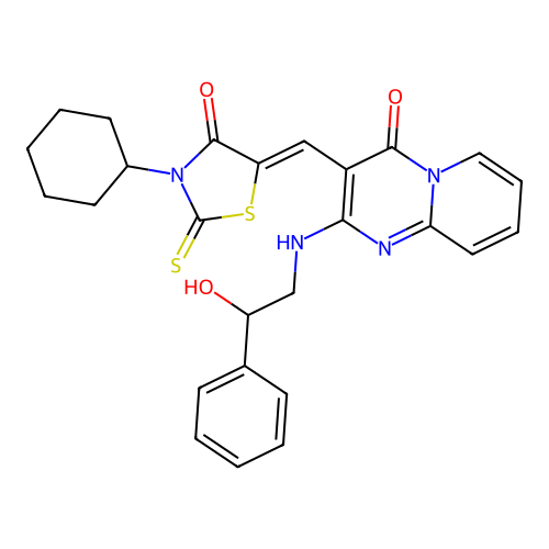 3-[(Z)-(3-cyclohexyl-4-oxo-2-thioxo-1,3-thiazolidin-5-ylidene)methyl]-2-[(2-hydroxy-2-phenylethyl)amino]-4H-pyrido[1,2-a]pyrimidin-4-one structure