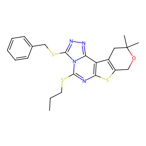 3-(benzylsulfanyl)-10,10-dimethyl-5-(propylsulfanyl)-10,11-dihydro-8H-pyrano[4',3':4,5]thieno[3,2-e][1,2,4]triazolo[4,3-c]pyrimidine structure