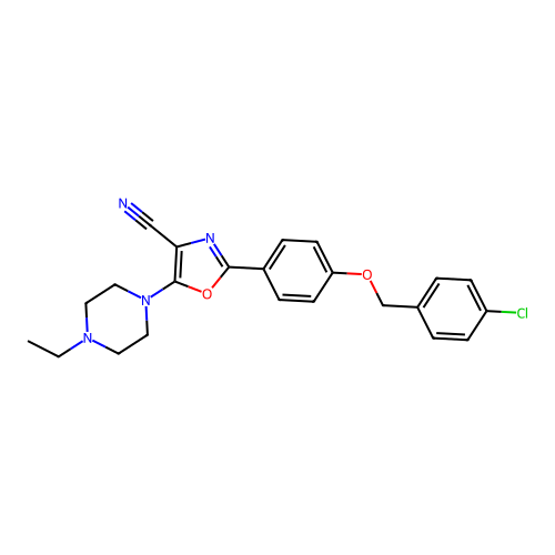 2-[4-[(4-chlorophenyl)methoxy]phenyl]-5-(4-ethylpiperazin-1-yl)-1,3-oxazole-4-carbonitrile structure