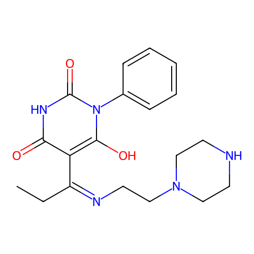 1-phenyl-5-[1-(2-piperazin-1-ylethylamino)propylidene]-1,3-diazinane-2,4,6-trione structure