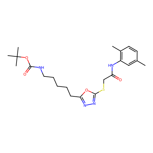 tert-butyl (5-(5-((2-((2,5-dimethylphenyl)amino)-2-oxoethyl)thio)-1,3,4-oxadiazol-2-yl)pentyl)carbamate structure